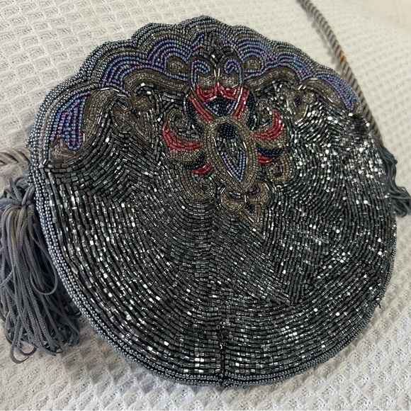 Vintage Retro Beaded Purse Bag Clutch Crossbody Shoulder bag‎ Grey Purple Tassel - Picture 6 of 14